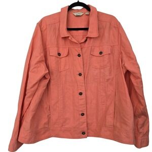 LL Bean Women Coral Linen Blend Button Front Utility Jacket Size 3X